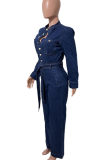 Casual Solid Color Buckle Strap Design O Neck Long Sleeve Loose Denim Jumpsuits