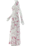 Elegant Print Ruched O Neck Long Dresses