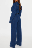Casual Solid Color Buckle Strap Design O Neck Long Sleeve Loose Denim Jumpsuits