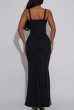 Shimmery Spaghetti Strap Slim Dress Side Slit Mesh Party Elegant Long Gown