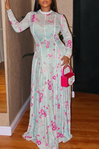 Elegant Print Ruched O Neck Long Dresses
