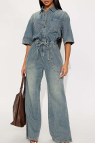 Casual Solid Color Buckle Turndown Collar Jumpsuits