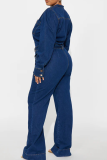 Casual Solid Color Buckle Strap Design O Neck Long Sleeve Loose Denim Jumpsuits