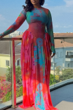 Elegant Print Ruched O Neck Long Dresses