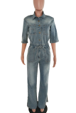 Casual Solid Color Buckle Turndown Collar Jumpsuits