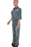 Casual Solid Color Buckle Turndown Collar Jumpsuits