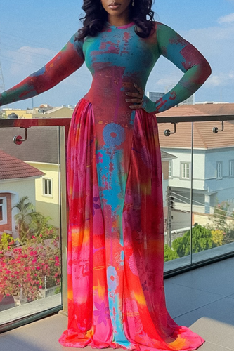 Elegant Print Ruched O Neck Long Dresses