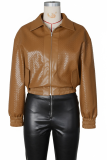 Woven Pattern Cropped Leather Jacket Zipper Collar Casual Fashion Stylish Coat