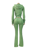 Casual Solid Color Draw String Hooded Long Sleeve Two Pieces