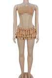 Sexy Solid Color Ruffle Hem Strapless Wrapped Skirt Dresses