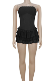 Sexy Solid Color Ruffle Hem Strapless Wrapped Skirt Dresses