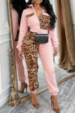 Leopard Print Paneled Two Piece Set Zipper Collar Waist Casual Fashion Outfit