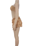 Sexy Solid Color Ruffle Hem Strapless Wrapped Skirt Dresses