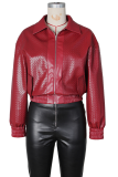 Woven Pattern Cropped Leather Jacket Zipper Collar Casual Fashion Stylish Coat