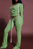 Casual Solid Color Draw String Hooded Long Sleeve Two Pieces