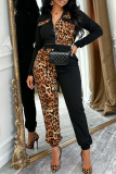 Leopard Print Paneled Two Piece Set Zipper Collar Waist Casual Fashion Outfit