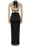 Sexy Solid Color Metal Accessories Trim Halter Long Dresses