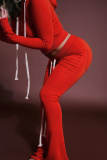 Casual Solid Color Draw String Hooded Long Sleeve Two Pieces
