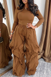 Slim Long Sleeve Ruched Wide Leg Pants Two Piece Set Minimalist Elegant Casual Fashion Outfit