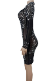 Sexy Solid Color Hot Drill O Neck Wrapped Skirt Dresses
