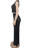 Sexy Solid Color Hot Drill Half A Turtleneck Sleeveless Two Pieces