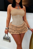 Sexy Solid Color Ruffle Hem Strapless Wrapped Skirt Dresses