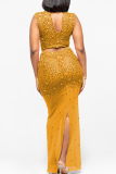 Sexy Solid Color Hot Drill Half A Turtleneck Sleeveless Two Pieces