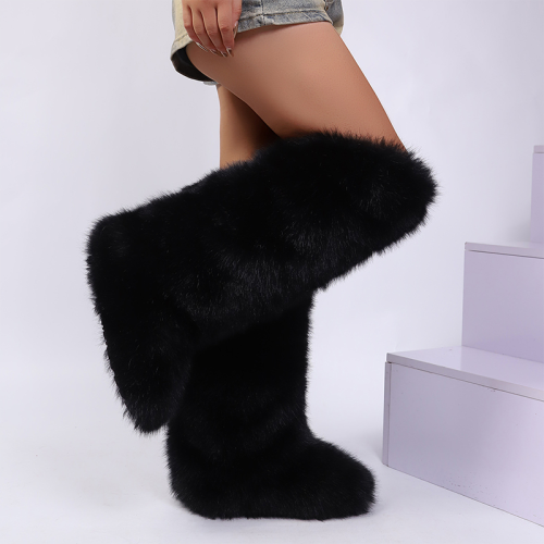 Knee High Snow Boots Women Warm Faux Fox Fur Lined Y2K Boots