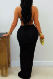 Sexy Solid Color Metal Accessories Trim Halter Long Dresses