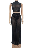 Sexy Solid Color Hot Drill Half A Turtleneck Sleeveless Two Pieces