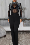 Rhinestone Sheer Jumpsuit Sexy Slim Elegant Party Fashion High Waist Wide Leg Romper