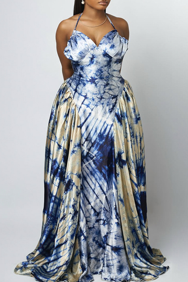 Elegant Tie Dye Contrast Halter Long Dresses