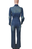 Casual Solid Color Buckle Turndown Collar Long Sleeve Regular Denim Jumpsuits