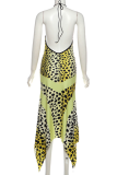 Sexy Print Backless Halter Irregular Dresses