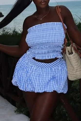 Sexy Plaid Ruched Strapless Sleeveless Two Pieces