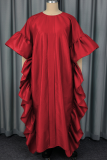Casual Solid Color Flounce O Neck Long Dresses