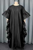 Casual Solid Color Flounce O Neck Long Dresses