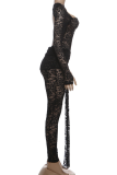 Sexy Solid Color Lace Square Neck Long Sleeve Two Pieces