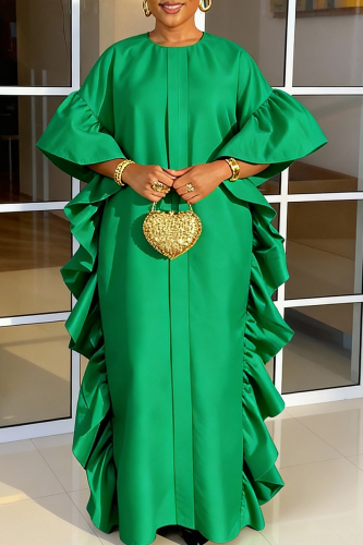 Casual Solid Color Flounce O Neck Long Dresses