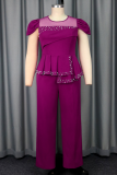Casual Solid Color Beading O Neck Plus Size Jumpsuits