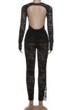Sexy Solid Color Lace Square Neck Long Sleeve Two Pieces