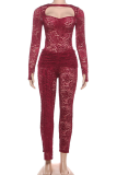 Sexy Solid Color Lace Square Neck Long Sleeve Two Pieces