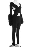 Sexy Solid Color Hollow Out V Neck Skinny Jumpsuits