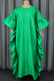 Casual Solid Color Flounce O Neck Long Dresses