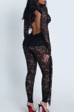 Sexy Solid Color Lace Square Neck Long Sleeve Two Pieces