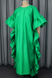 Casual Solid Color Flounce O Neck Long Dresses