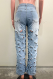Casual Solid Color Ripped Straight Denim Jeans