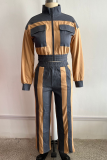 Casual Solid Color Contrast Zipper Collar Long Sleeve Two Pieces
