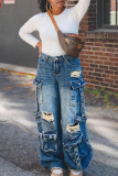 Casual Solid Color Ripped Loose Denim Jeans