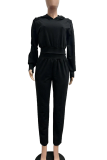 Casual Solid Color Patchwork Hooded Long Sleeve Two Pieces